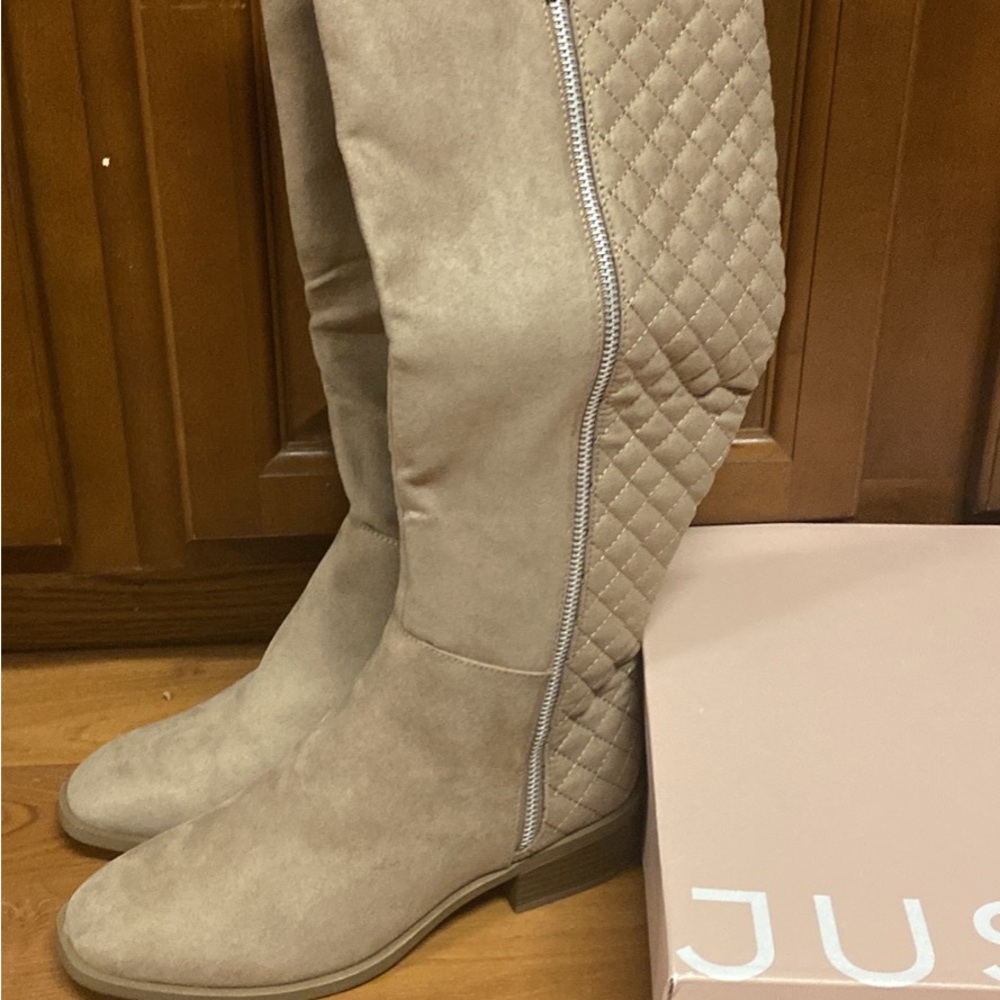 JustFab Women's Beige Quilted Over the Knee Boots